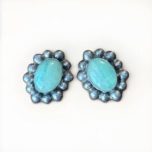 Vintage Taxco Sterling Silver Beaded Bezel Cabochon Turquoise Clip-On Earrings
